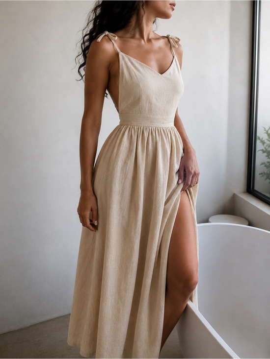 Commense Dresses & Skirts - Commense Oatmeal Beige Tie-Shoulder Backless 100% Cotton Maxi Dress Small NWT